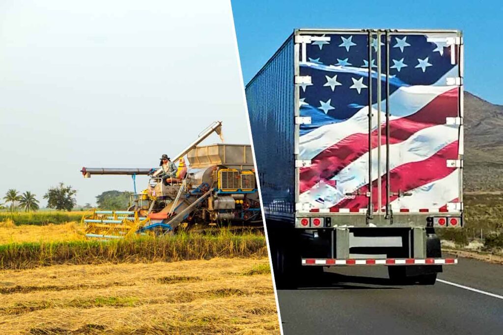 cultivo de arroz, producción masica de arroz, arroz tecnificado, camión, Estados Unidos, bandera de Estados Unidos, Más Colombia