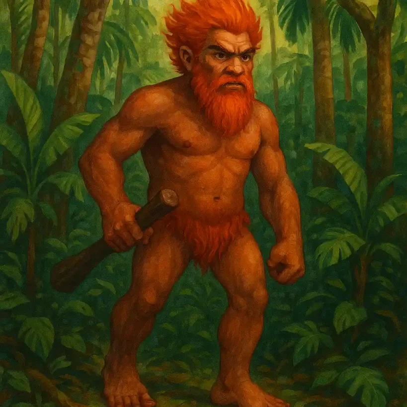 Curupira guardián del bosque con los pies al revés entre árboles tropicales