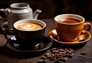 Taza de café con leche y taza de café negro lado a lado