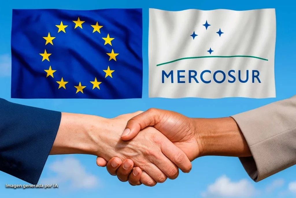 Flores y aguacate con más trabas para entrar al viejo continente tras 12 años del TLC Colombia Unión Europea 3 Apretón de manos frente a banderas de la Unión Europea y Mercosur, ilustrando el pacto verde europeo.