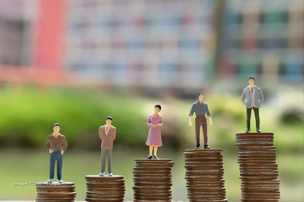 Desigualdad económica, rezago productivo y transición energética: ¿puede Colombia ser competitiva? 2 Figuras en miniatura sobre pilas de monedas en diferentes alturas, símbolo de la competitividad en Colombia y las brechas económicas.