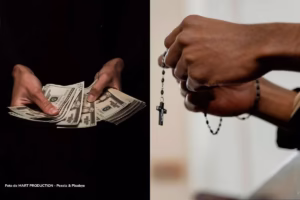 Manos sosteniendo billetes de dólares junto a un rosario en alusión a la iglesia católica y su papel frente a la deuda externa.