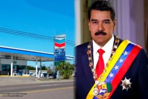 Nicolás Maduro junto a estación de servicio Chevron en Venezuela, referencia al rol de Chevron en Venezuela.