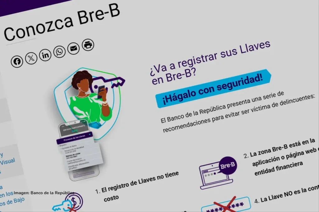Aviso informativo del Banco de la República sobre el registro de Llaves Bre-B en aplicaciones financieras.