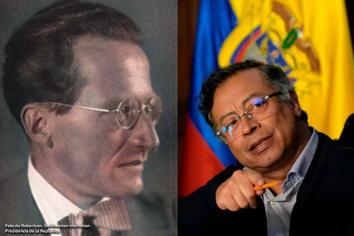 Retratos de Erwin Schrödinger y Gustavo Petro, vinculados al debate sobre mecánica cuántica.