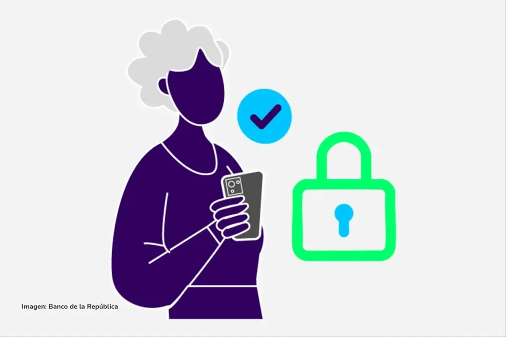 Ilustración de mujer con celular y candado azul que representa la seguridad en transferencias bancarias.