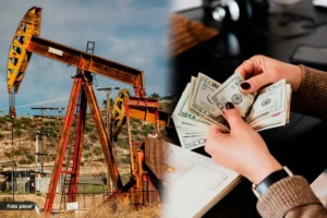 Collage entre torre de extracción petrolera y manos contando dólares, simbolizando que los colombianos en el exterior superaron al petróleo como fuente de divisas.