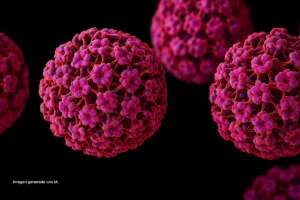 Virus del Papiloma Humano representado en ilustración digital, relacionado con la vacuna del VPH.