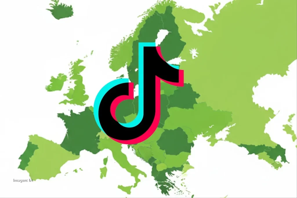 Mapa de Europa en tonos verdes con logotipo de TikTok al centro, vinculado a sanciones digitales.