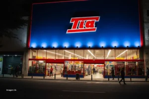 Fachada iluminada de un almacén Tía en Colombia en horas de la noche, ejemplo de empresas desaparecidas en Colombia.