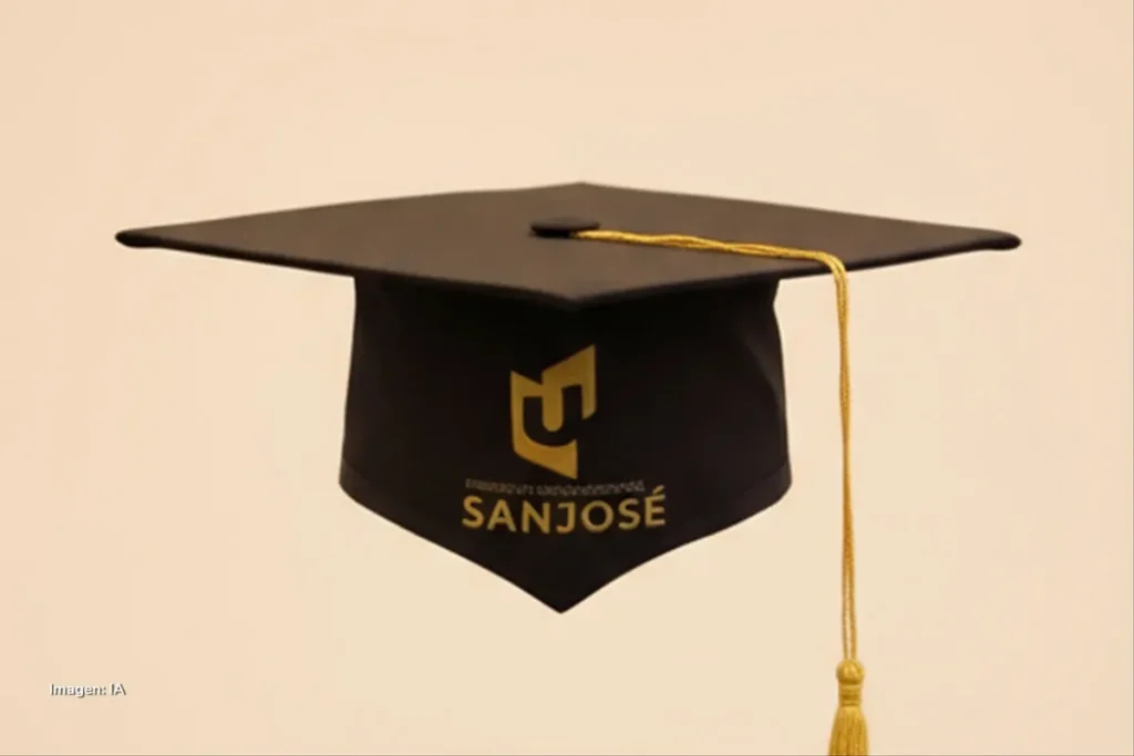 Birrete con logo de la Fundación San José, institución acusada de entregar títulos exprés en Colombia.
