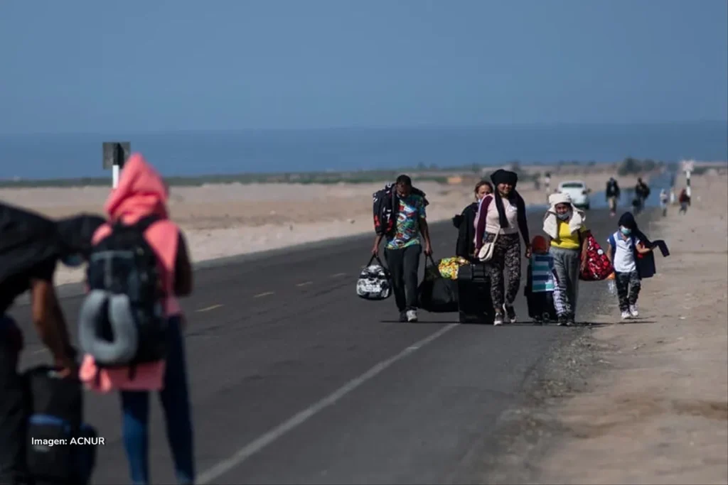 Derechos de los migrantes en tiempos de muros, los límites de la cooperación internacional 3 Grupo de migrantes camina por carretera desértica cargando maletas, ejemplo del multilateralismo migratorio.