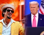 Bad Bunny con sombrero y chaqueta amarilla junto a Donald Trump en montaje digital sobre el Super Bowl 2026