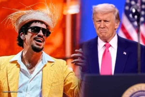 Bad Bunny con sombrero y chaqueta amarilla junto a Donald Trump en montaje digital sobre el Super Bowl 2026