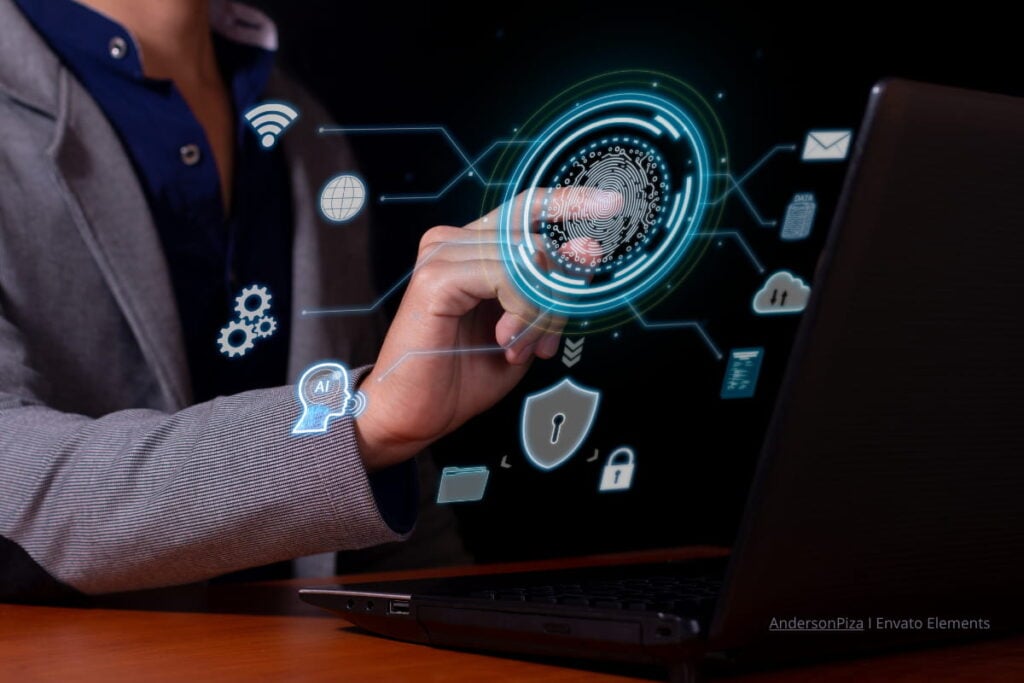 Enterprise Search Tools A woman accesses data on a stylized digital screen, symbolizing an enterprise search tool