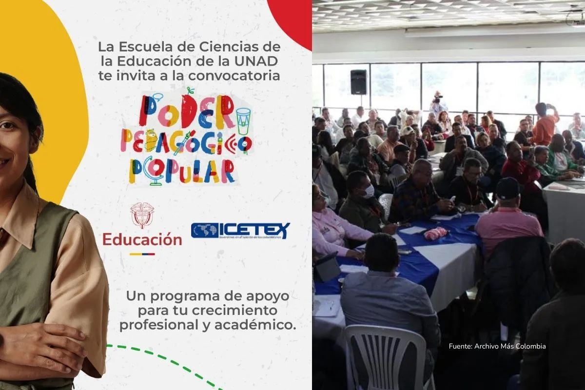 Convocatoria ICETEX 2026. Composición con afiche del programa Poder Pedagógico Popular y asistentes a un encuentro educativo del ICETEX y el Ministerio de Educación.
