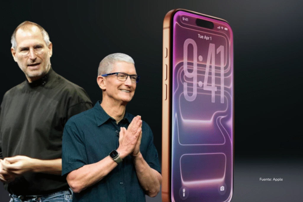 cuánto cuesta un iPhone 17. Composición con los ejecutivos de Apple y un iPhone 17 en pantalla, representando la evolución del dispositivo.