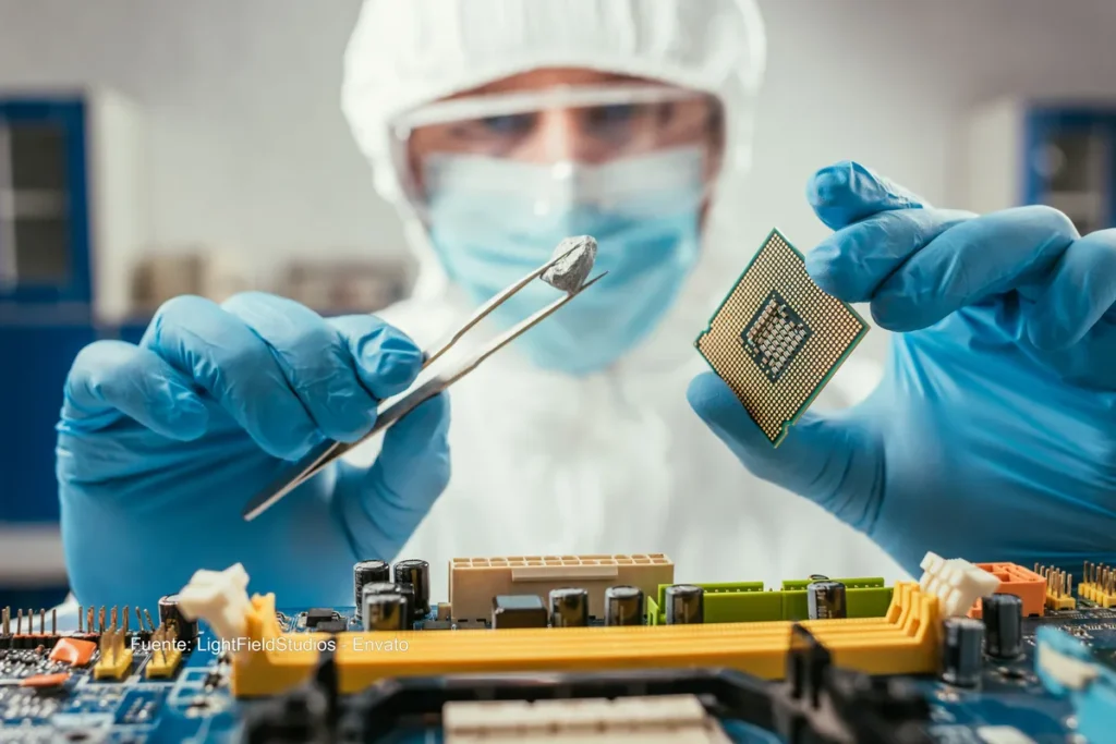 Intervención Nexperia: por qué Países Bajos tomó el control de la empresa china de chips 2 Científico con guantes y mascarilla manipulando un microchip con pinzas en un laboratorio de electrónica. intervención Nexperia