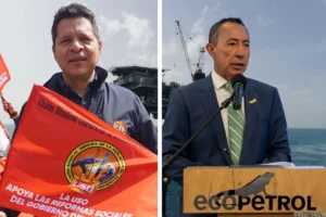 Crisis Ecopetrol 2025. Composición con un representante sindical sosteniendo una bandera de la Unión Sindical Obrera y un directivo hablando frente a un atril de Ecopetrol, con una plataforma marina de fondo.
