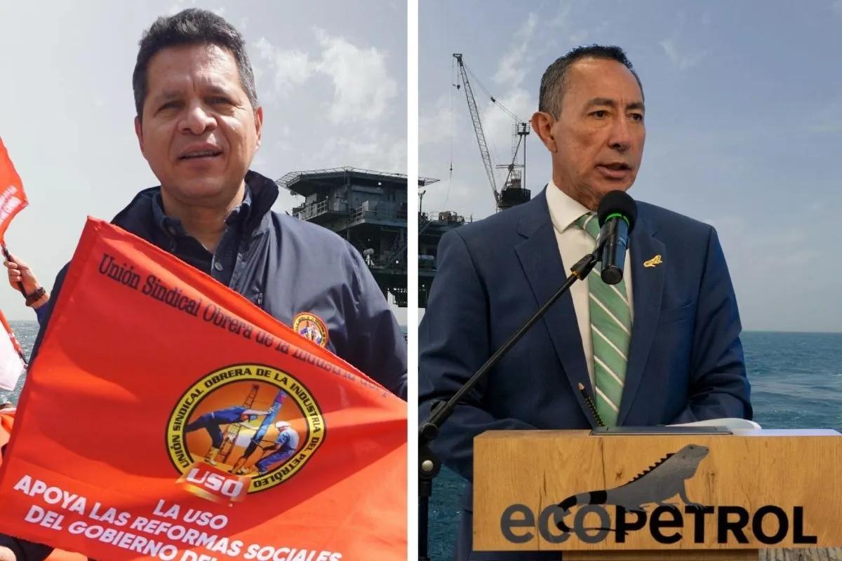 Crisis Ecopetrol 2025. Composición con un representante sindical sosteniendo una bandera de la Unión Sindical Obrera y un directivo hablando frente a un atril de Ecopetrol, con una plataforma marina de fondo.