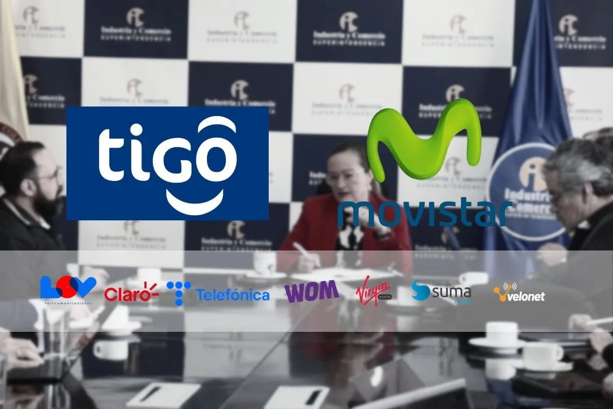 Integración Tigo Movistar. Montaje con logos de operadores móviles en Colombia, incluidos Tigo, Movistar, Claro, WOM y otros, sobre una reunión institucional.