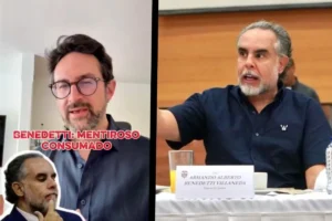 escándalos Armando Benedetti. Montaje dividido: a la izquierda, un hombre aparece en un video con texto superpuesto; a la derecha, otra persona gesticula durante una sesión o reunión pública.