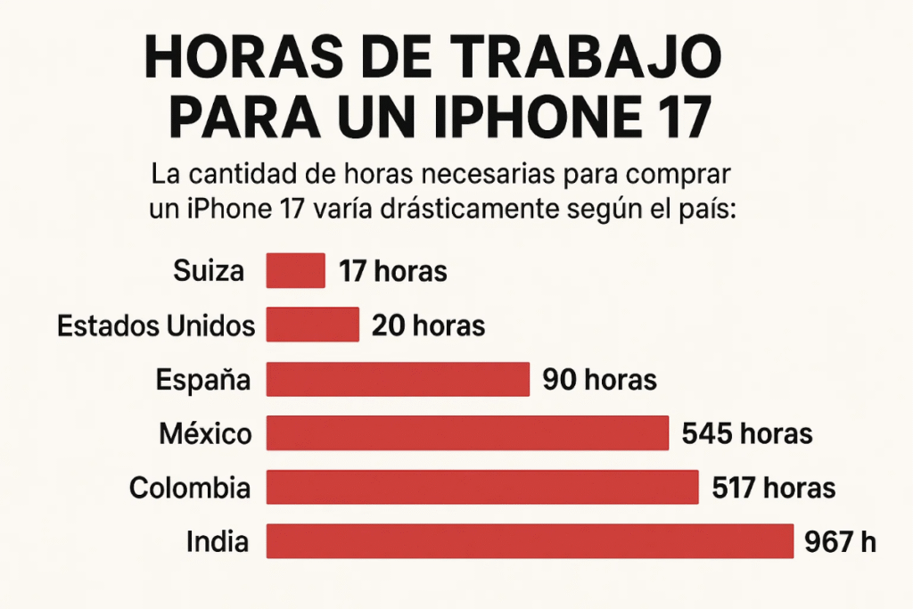¿Cuánto cuesta un iPhone 17 en Colombia? Debes trabajar 26 veces más que en Estados Unidos 2 cuánto cuesta un iPhone 17. Gráfico comparativo muestra las horas de trabajo necesarias para comprar un iPhone 17 en distintos países: Suiza 17 horas, Estados Unidos 20, España 90, México 545, Colombia 517 e India 967.