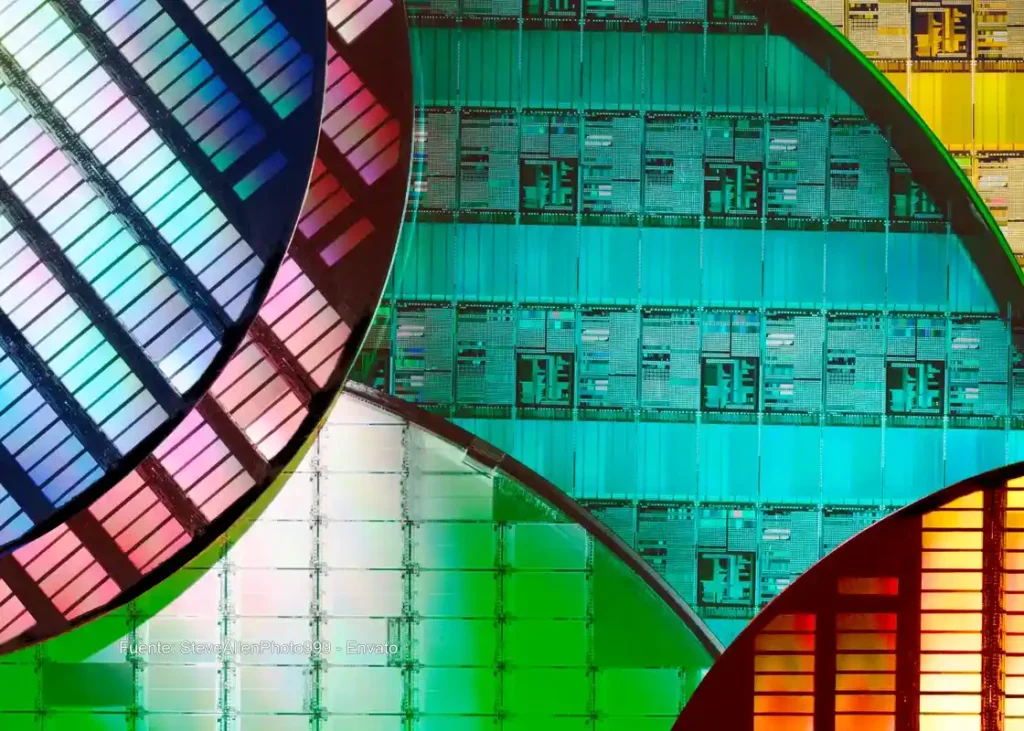 La estrategia de AMD reconfigura la industria global de semiconductores y desafía a Intel y Nvidia 2 Persona con guantes y traje de industria global de semiconductores sosteniendo una oblea de silicio con múltiples circuitos integrados en un entorno de sala limpia para la fabricación de chips.