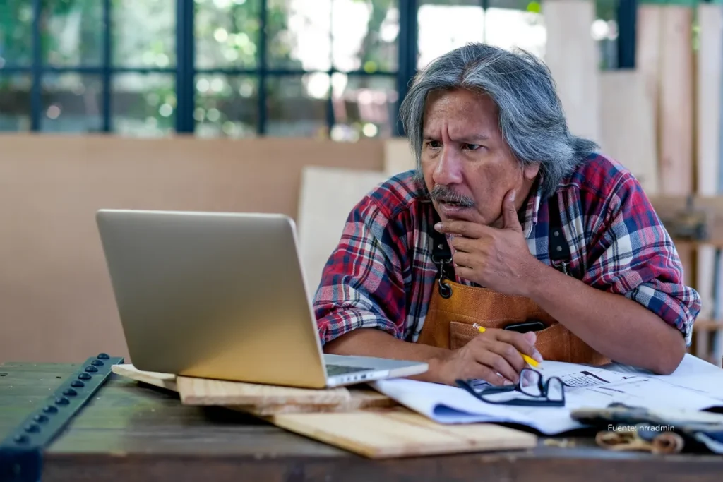 Trabajador independiente observa con atención la pantalla de su computador portátil en un taller de carpintería, rodeado de planos y herramientas.