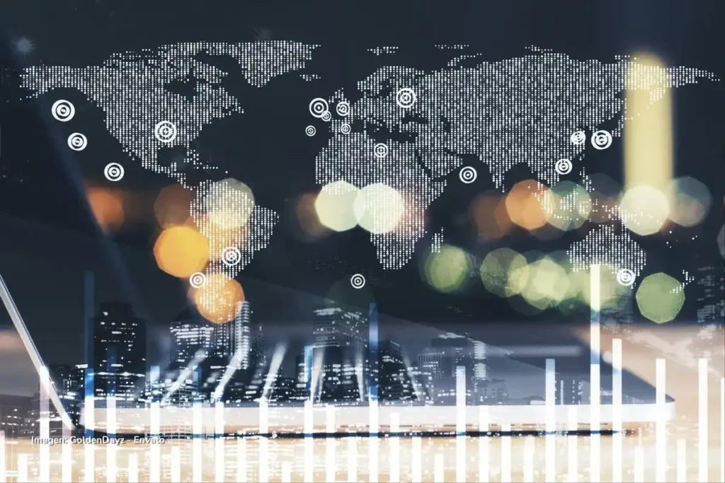 Exportaciones de Colombia: El café y el aceite de palma superan los USD 500 millones 3 Mapa mundial digital superpuesto sobre una ciudad con gráficos de datos y efectos de luz que representan actividad económica global. exportaciones de Colombia