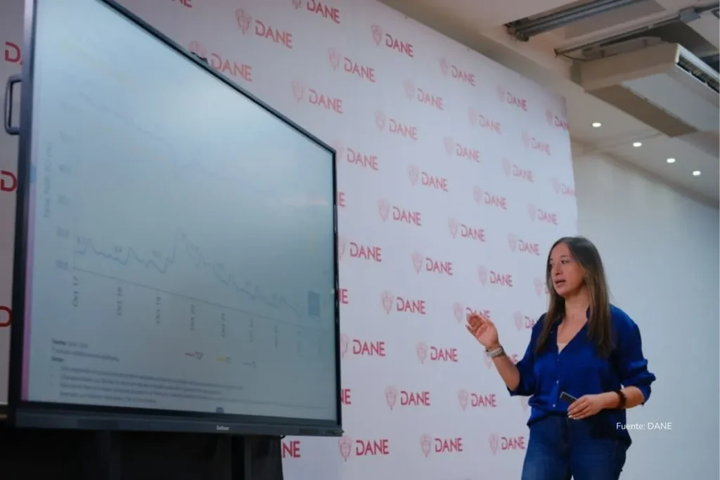 Mujer frente a una pantalla digital expone una gráfica durante una rueda de prensa en una sala con logos del DANE.