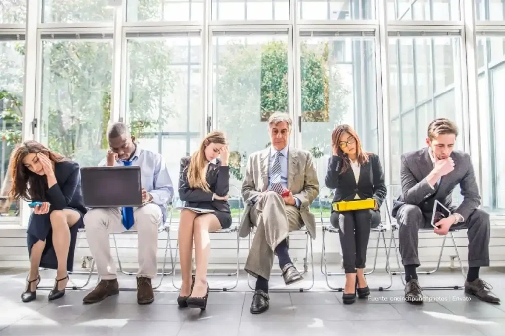 Grupo de personas vestidas de manera formal, sentadas en una sala de espera, mostrando gestos de cansancio o preocupación mientras revisan documentos y dispositivos electrónicos.