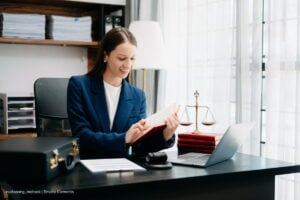 concurso de la Rama Judicial, concurso de méritos, Abogada trabajando y revisando documentos, Más Colombia