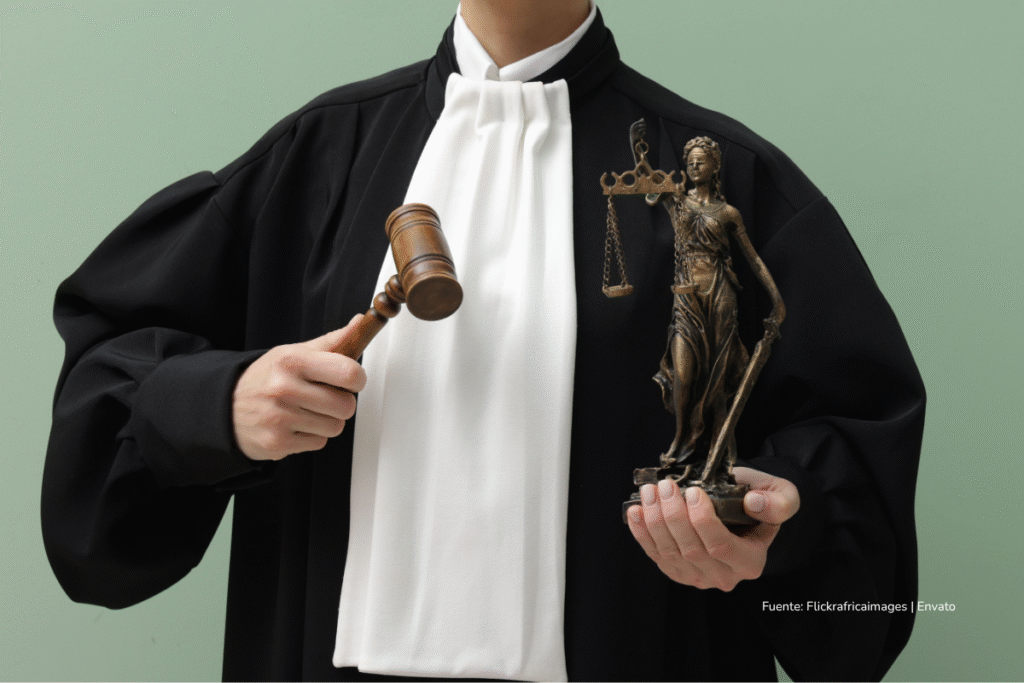 Persona con toga judicial sostiene un mazo y una figura de la diosa de la justicia frente a un fondo verde.