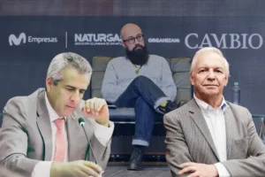 Ricardo Bonilla y Luis Fernando Velasco. Composición visual de figuras públicas y analistas en un panel o debate sobre política económica y empresarial, con logos institucionales al fondo.