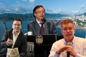 Exportaciones de Colombia 2025. Montaje fotográfico con el presidente Gustavo Petro y dos funcionarios colombianos frente a un puerto marítimo, en una escena que sugiere análisis o debate sobre economía y comercio exterior.