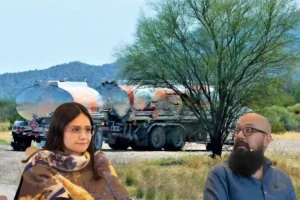Carlos Carrillo. Montaje fotográfico que muestra a Angie Rodríguez y Carlos Carrillo frente a carrotanques, en medio de la controversia por irregularidades en el manejo de la emergencia.
