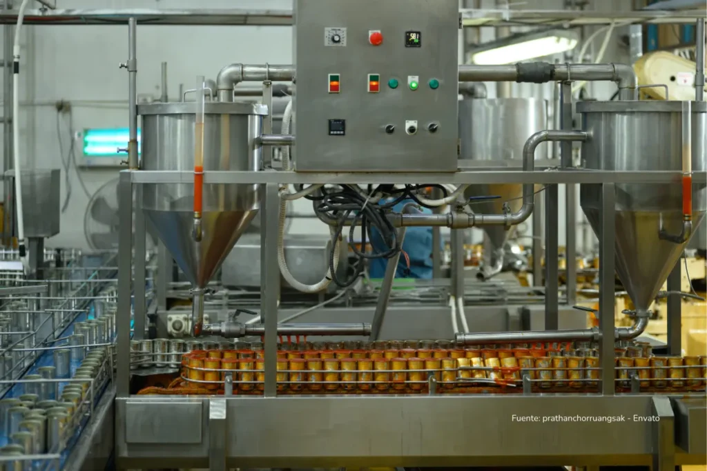 La verdad sobre por qué no verás huevo colombiano en Estados Unidos ni en un solo supermercado 2 Máquinas industriales de acero inoxidable procesando alimentos y llenando latas en una planta de producción.