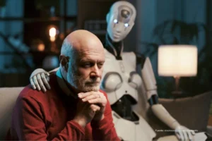 Inteligencia artificial emocional. Hombre mayor aparece pensativo mientras un robot humanoide coloca su mano sobre su hombro, en una escena que simboliza el acompañamiento emocional de la inteligencia artificial.