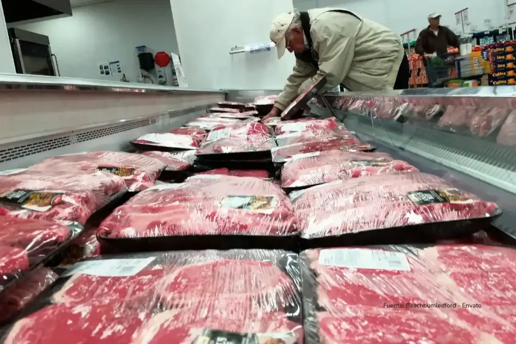 Exportaciones de carne colombiana a China: el negocio que está cambiando la ganadería desde adentro 3 Cortes de carne empacados y exhibidos en una vitrina refrigerada de supermercado.