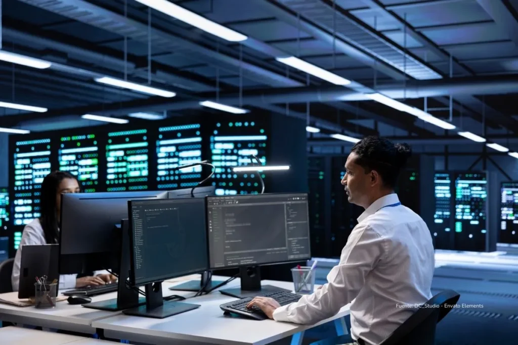 La inteligencia artificial china avanza más rápido de lo que Occidente quiere admitir 3 Profesionales trabajan frente a múltiples pantallas en un centro de datos con servidores activos y sistemas informáticos avanzados.