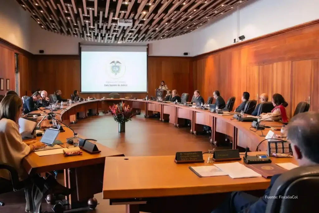 Caso UNGRD: por qué Ricardo Bonilla y Luis Fernando Velasco terminaron tras las rejas 4 Magistrados y funcionarios participan en una sesión formal alrededor de una mesa en una sala de audiencias o deliberación judicial.