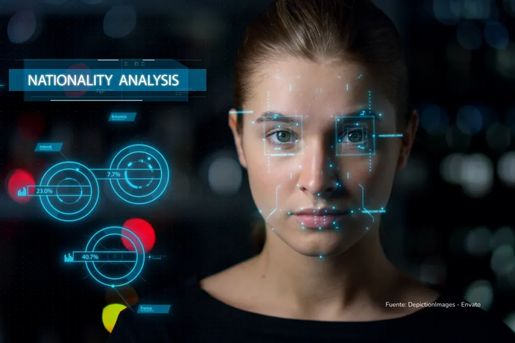 El mundo mira la ley de prohibición de las redes sociales en Australia: Alejará a millones de menores de TikTok e Instagram 4 Primer plano de una mujer con gráficos digitales superpuestos que simulan un análisis facial y de nacionalidad mediante inteligencia artificial.