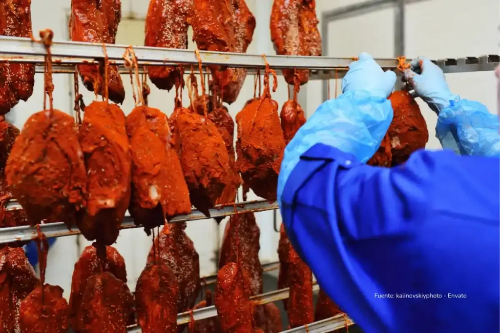 Exportaciones de carne colombiana a China: el negocio que está cambiando la ganadería desde adentro 4 Carne roja marinada colgada en rieles metálicos durante un proceso de transformación en planta de alimentos.