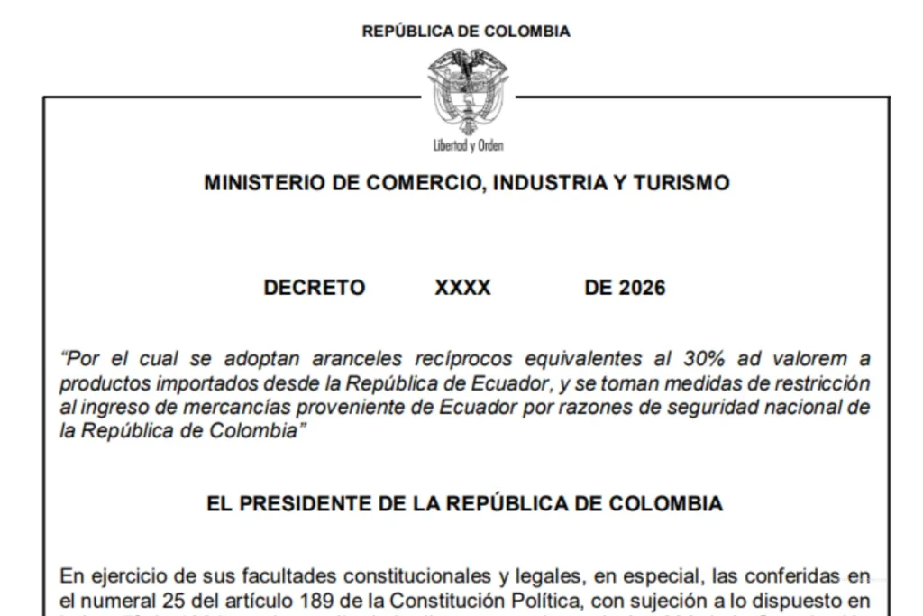 Conflicto entre Colombia y Ecuador: EE. UU. entra en escena mientras escalan aranceles, energía y petróleo 2 Documento oficial del Gobierno de Colombia con texto sobre medidas arancelarias y comercio exterior