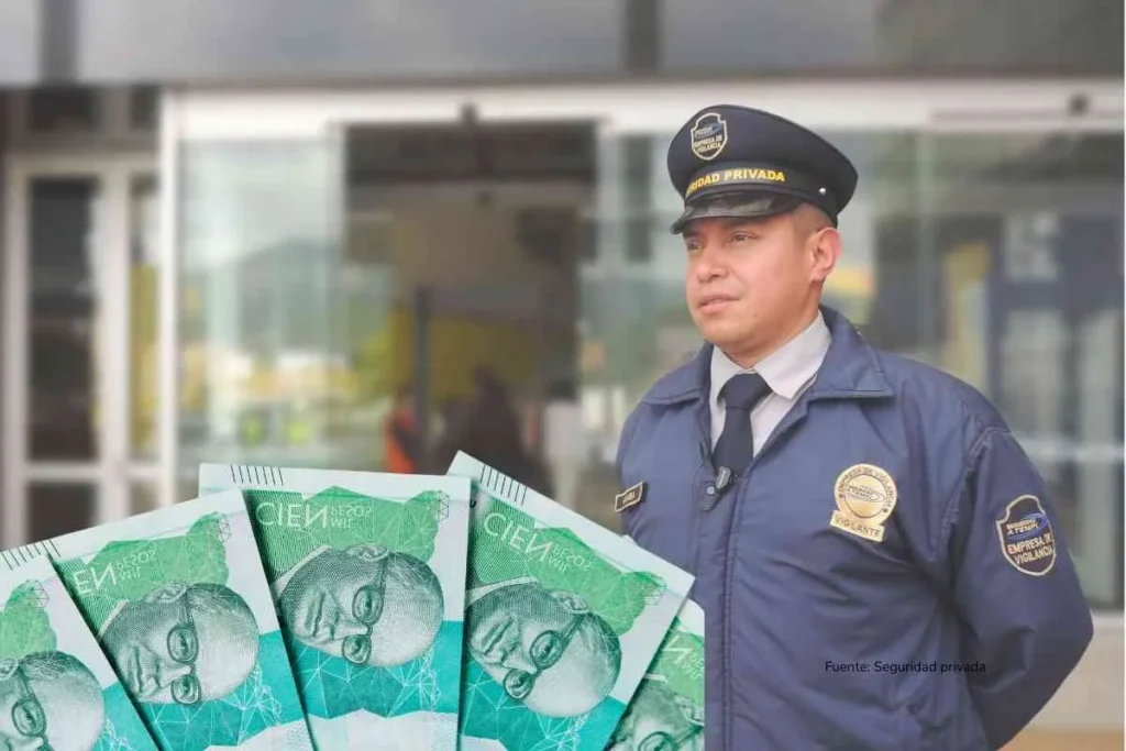 Cómo el salario mínimo en la vigilancia obligará a subir la cuota de administración en edificios y conjuntos 2 Trabajador de la seguridad privada y unos billetes colombianos
