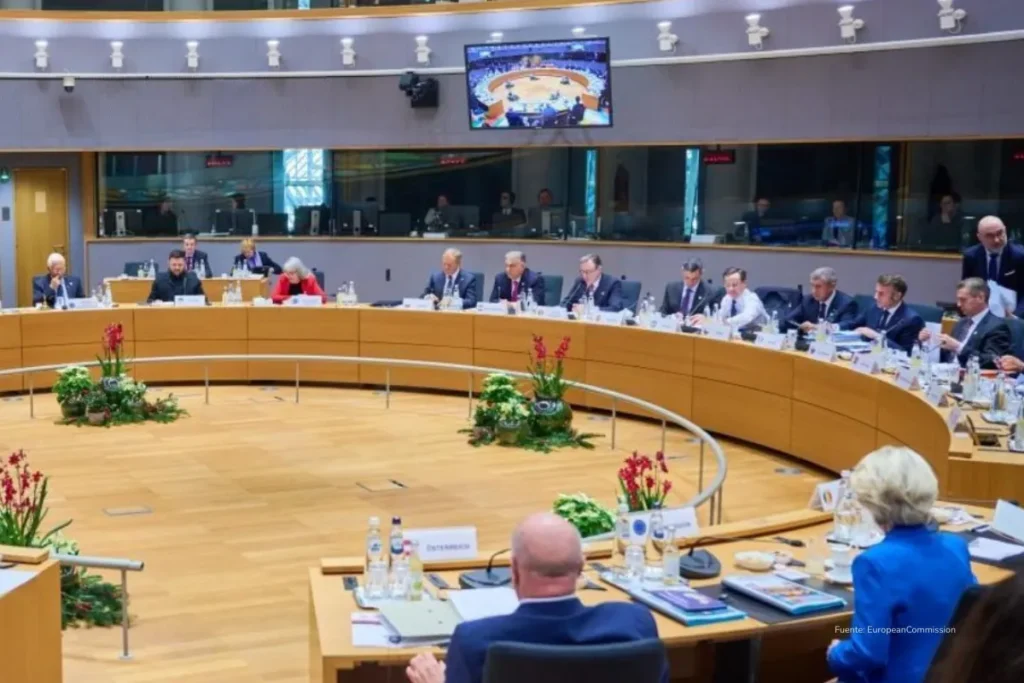 TLC Mercosur y Unión Europea. Reunión de representantes de la Unión Europea en una sala del Consejo durante una cumbre oficial.