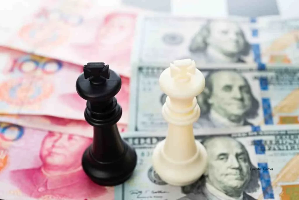 Aranceles de Estados Unidos escalan la guerra comercial y China los frena en seco 2 fichas de ajedrez y billetes chinos y estadunidenses