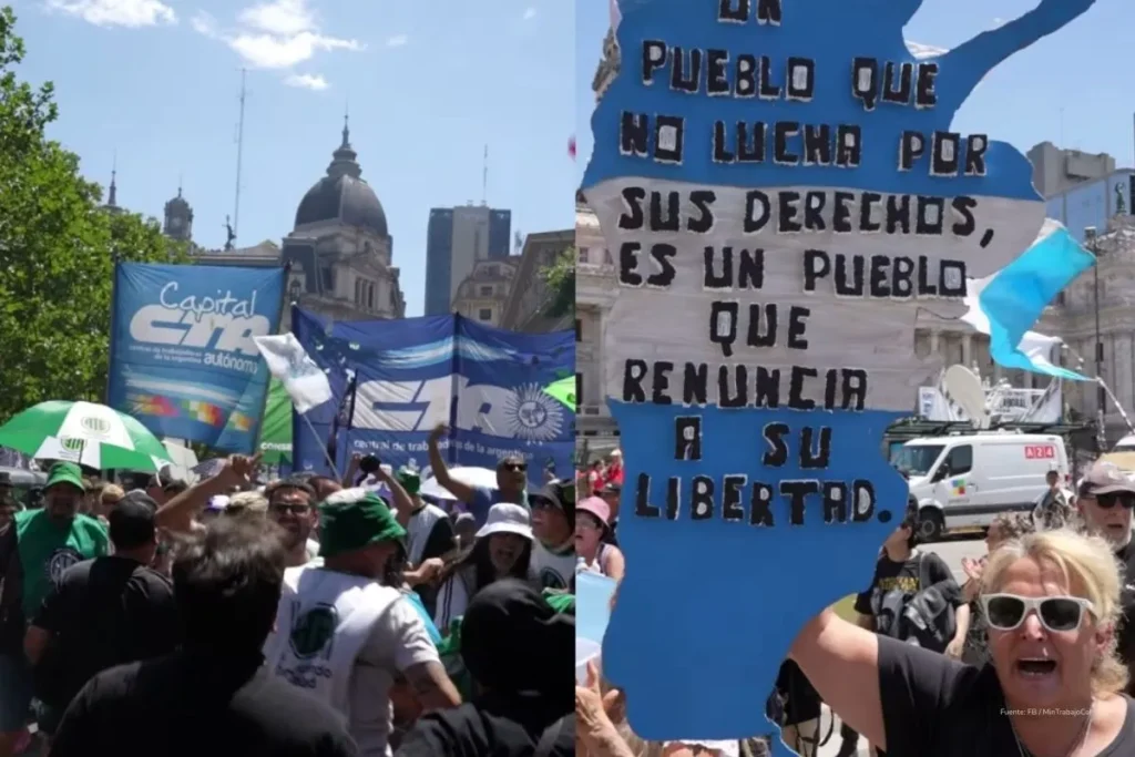 ¿Reforma laboral o ajuste fiscal? El rol del FMI en el plan de Milei 4 Manifestantes en Buenos Aires rechazan la reforma laboral de Milei con pancartas sobre derechos y libertad.