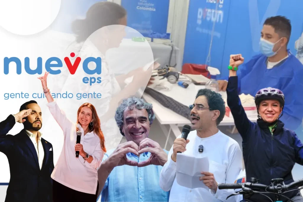 Montaje gráfico con candidatos presidenciales y el logo de Nueva EPS en medio delas elecciones presidenciales de 2026 en Colombia.